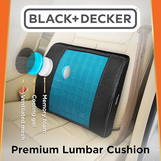 BLACK+DECKER Cooling Gel Lumbar Memory Foam Cushion – Ergonomic Back Support Travel Pillow with Ventilated Mesh, Adjustable Strap, Slow Rebound Memory Foam, Washable Cover