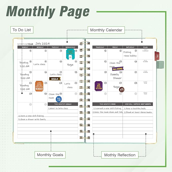 Ospelelf Planner Undated Mini Daily Spiral Binding Weekly Monthly Hardcover Planners with Stickers 12 Months Productivity Aesthetic Journey Booklet Size Green Leaf