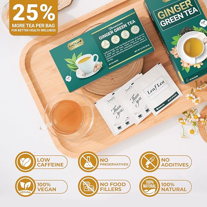 LeafLea Green Tea with Ginger, 80 Tea Bags (2 Packs), Natural Green Tea with Ginger Root, Lightly Sweetened with Stevia, Supports Digestion and Immunity, Low Caffeine, Non-GMO, Gluten-Free
