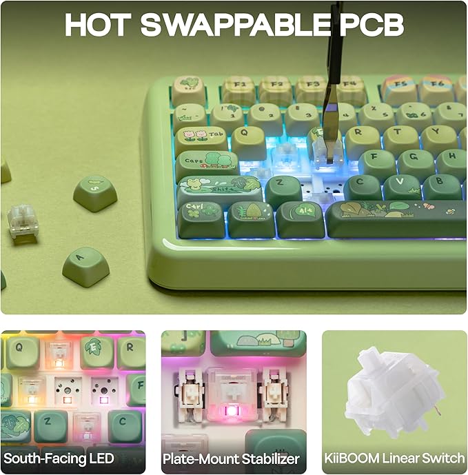 KiiBoom Phantom81 Lite 75% Gasket Mechanical Keyboard, QMK&VIA Programmable, 3 Modes Wireless Gaming Keyboard, RGB Backlights, ABS Case + UV Tech, Hot-Swappable for Windows/Mac/Linux (Green)