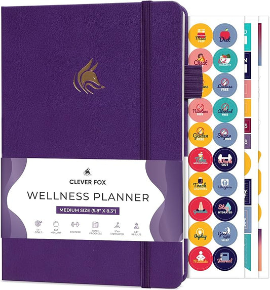 Clever Fox Wellness Planner - Weekly & Daily Health and Wellness Log, Food Journal & Meal Planner Diary for Calorie Counting, Notebook for Medical Condition Tracking, A5-Sized - Purple
