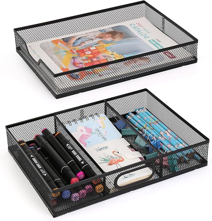 Office Drawer Organizer 2 Pack, Metal Mesh Set - Large Kitchen Drawer Organizer Tray, Adjustable Under Desk Storage for Papers, Office Supplies(Black)