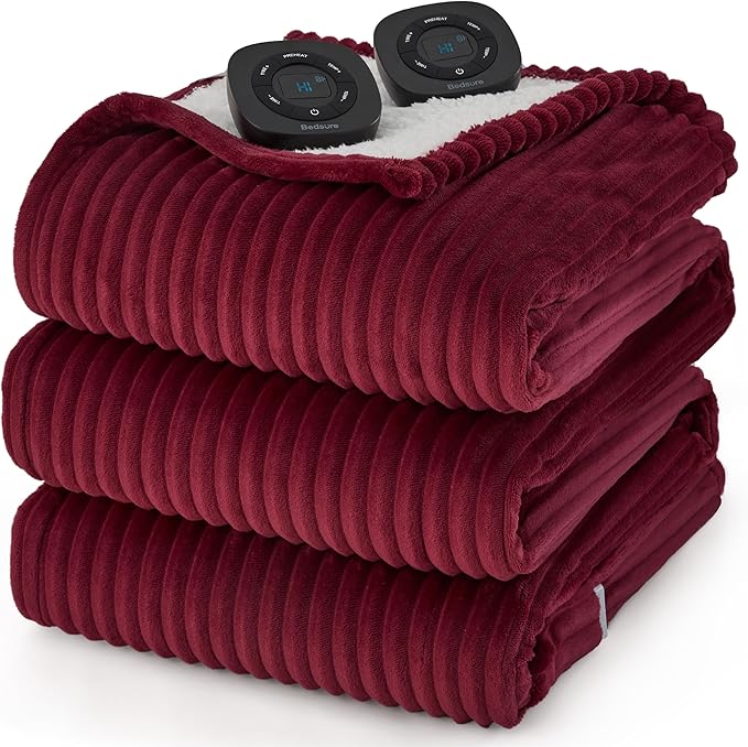 Bedsure GentleSoft Electric Blanket King Size - Soft Ribbed Flannel Heated Blanket with Dual Control, Heating with 10 Heat Settings & 10 Time Settings, 8 hrs Timer Auto Shut Off (90"x100", Burgundy)