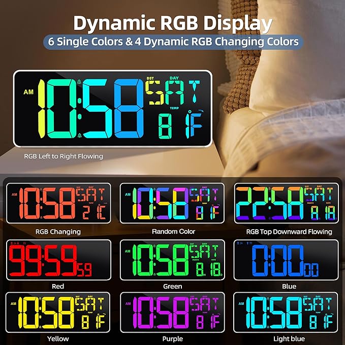 Large Digital Wall Clock Timer 13.5" Large Display Available In 11 Color Modes LED Wall Clock with Temperature Day of the Week Clock Auto-Dimming for Home Gym Office 2 Groups Alarm 25 Music Ringtones