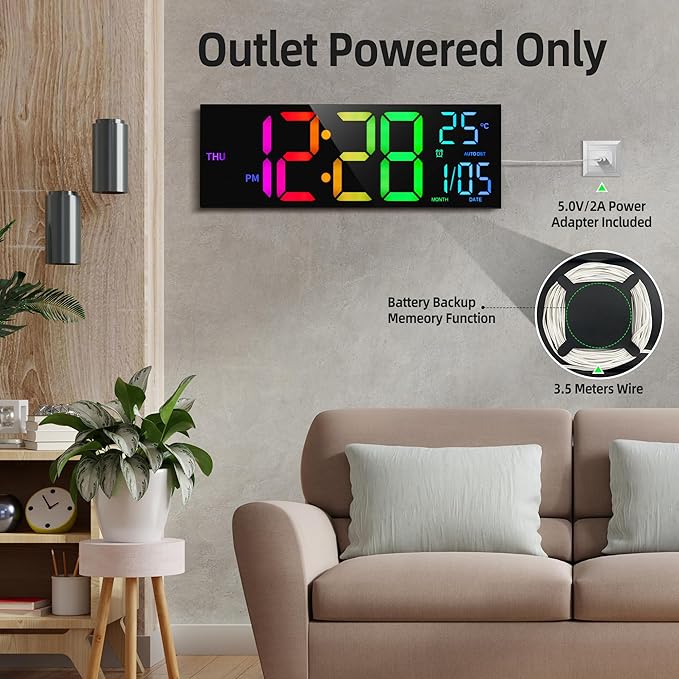 8 Colors Digital Wall Clock, 16.2" Large Digital Clock with Temperature, Date, Auto DST, Night Light, Auto Brightness Dimmer, 24/12-hour Wall Clock for Living Room Office Classroom Gym