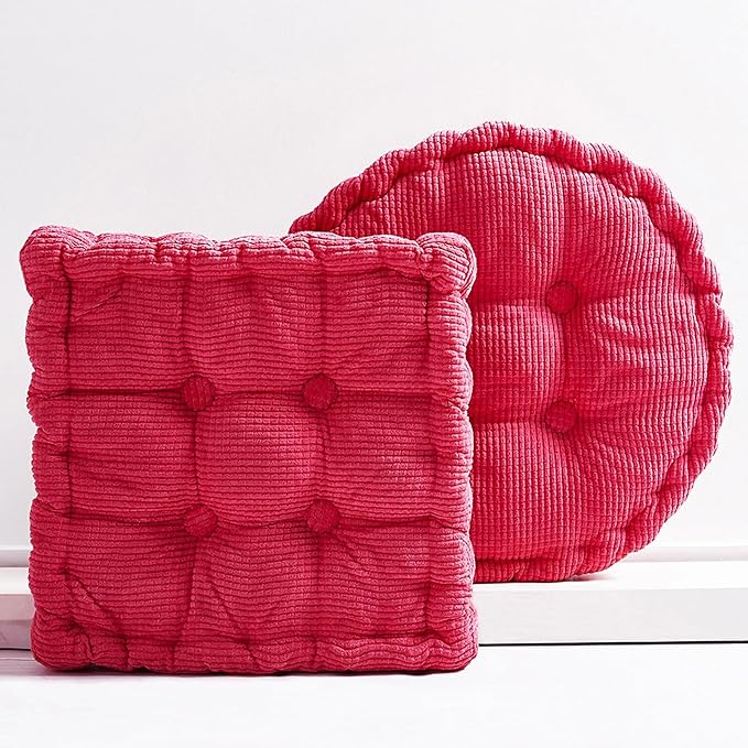 Rose Red Corduroy Floor Seat Pillows Cushion Large Square and Round Floor Cushions for Adults 2 Pack Meditation Floor Pillow for Living Room Balcony Tatami Yoga,18x18 Inch