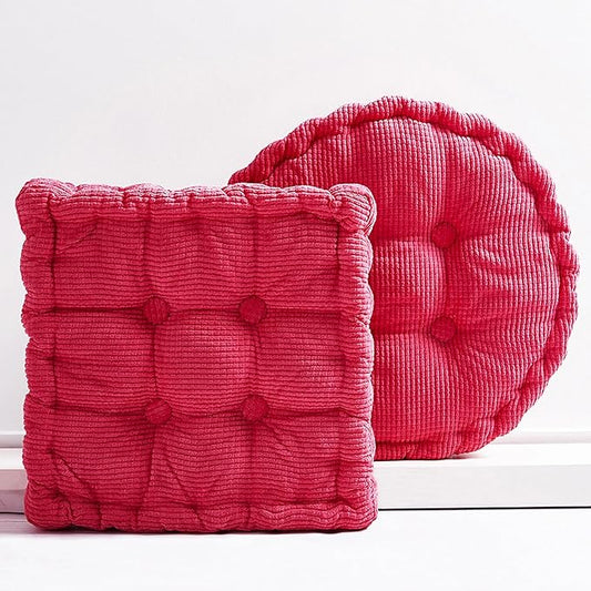 Rose Red Corduroy Floor Seat Pillows Cushion Large Square and Round Floor Cushions for Adults 2 Pack Meditation Floor Pillow for Living Room Balcony Tatami Yoga,18x18 Inch