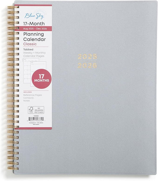 Blue Sky 17 Month 2025-2026 Weekly and Monthly Academic Year Planner Calendar, August 2025 - December 2026, 8.5" x 11", Flexible Cover, Wirebound, Laminated Tabs, Silver Metallic