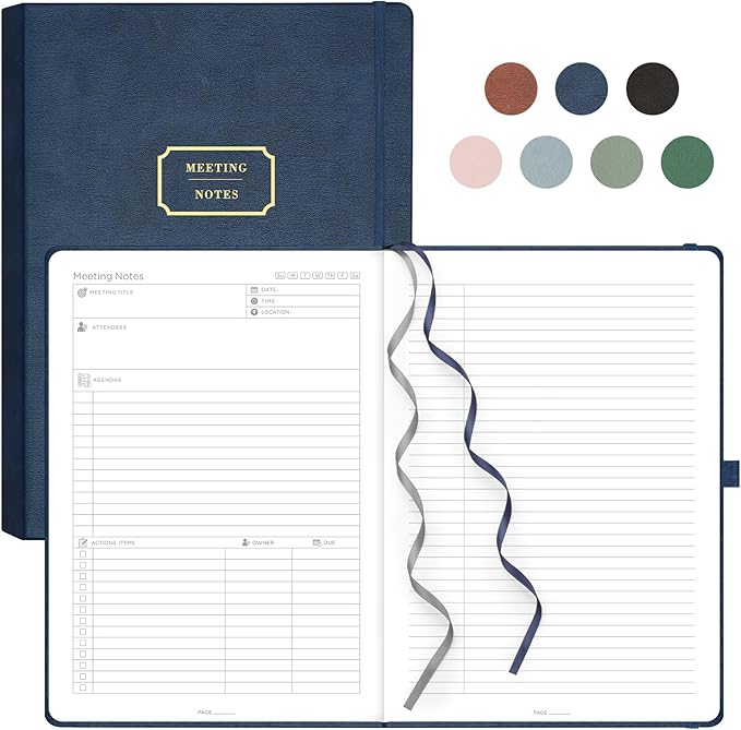 EMSHOI Meeting Notebook for Work with Action Items - 240 Pages A4 Large Project Planner Agenda Organizer Work Notebook for Women Men Office Business Notes, PU Leather Hardcover, 8.5" x 11", Blue