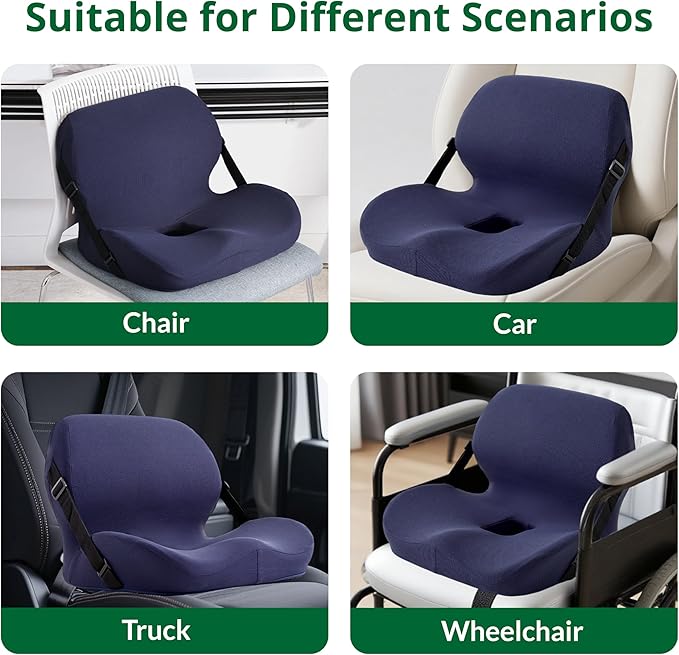 Ergonomic Seat Cushion for Sciatica Relief & Long Driving - Memory Foam Back Support with Adjustable Strap, Non-Slip Base & Removable Mesh Cover - Office, Car (Navy Blue)