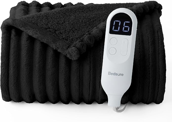 Bedsure Heated Blanket Electric Throw - Thick Striped Flannel Electric Blanket, Heating with 4 Time Settings, 6 Heat Settings, and 3-Hour Timer Auto Shut Off, Gift for Grandma (50x60 inches, Black)