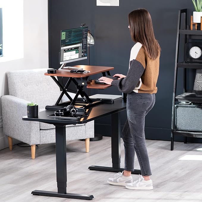 VIVO 28 inch Desk Converter, K Series, Height Adjustable Sit to Stand Riser, Dual Monitor and Laptop Workstation with Keyboard Tray, Dark Walnut Top, Black Frame, DESK-V028KA