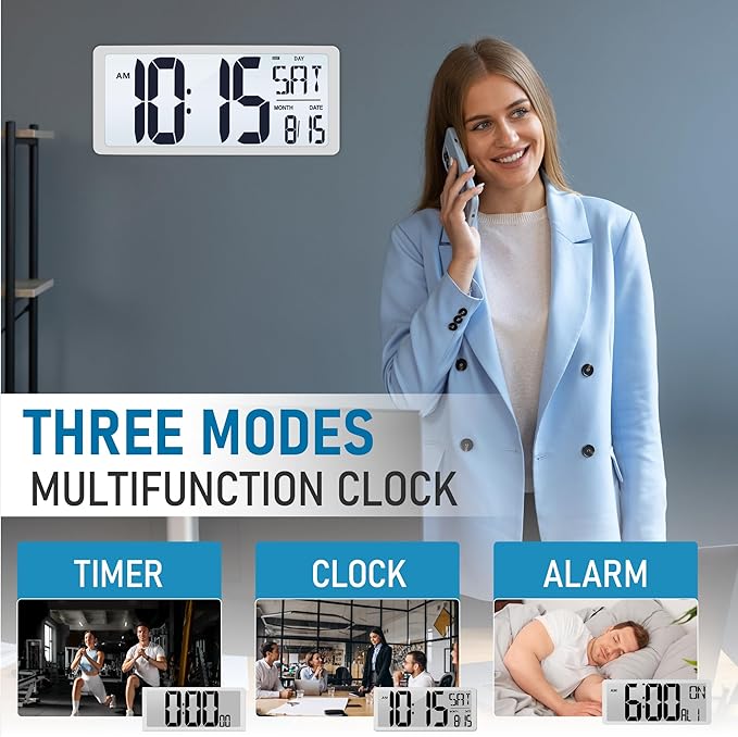 TXL 18.44" Large Digital Wall Clock with Backlight, Battery Operated Alarm Clock with Day, Date & Temperature, Jumbo Display Digital Count Up Down Timer Clock for Hoom,Classroom Room,Office