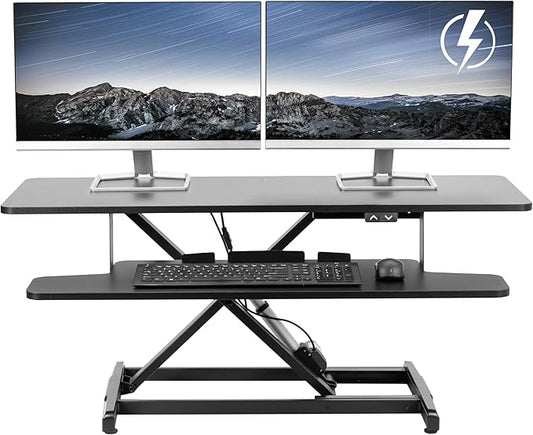 VIVO 42 inch Electric Motor Desk Converter, Height Adjustable Riser, Sit to Stand Dual Monitor and Laptop Workstation with Wide Keyboard Tray, Black, DESK-VE42B