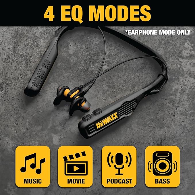 DEWALT Heavy Duty Black Edition 2-in-1 Neckband Bluetooth Headphones w/Built-in Speakers, Jobsite Wearable Speaker & Around Neck, Wireless Headset, 60+ Hrs Hands-Free Music & Calls, Carry Pouch
