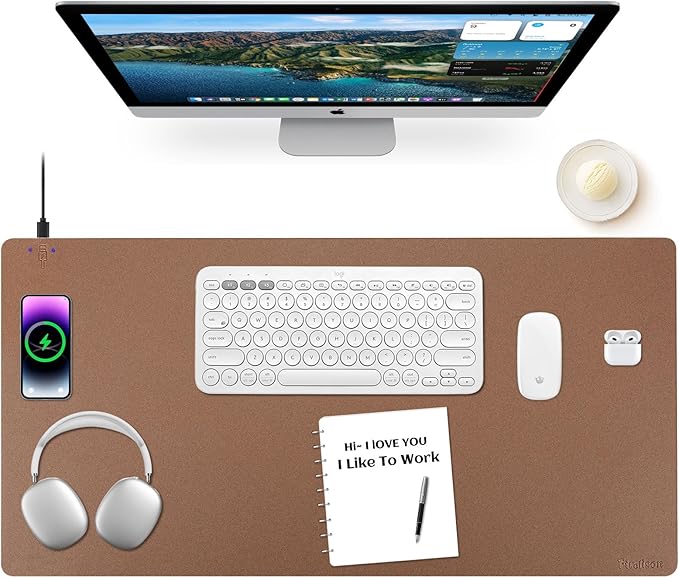 Wireless Charging Mouse Pad Firelison 2 in 1 Leather Multifunctional Office Desk Pad with Non-Slip Rubber Base, Waterproof Desk pad for Computers/Office/Work/Home/Decor（ 32" x 16"Buff - L