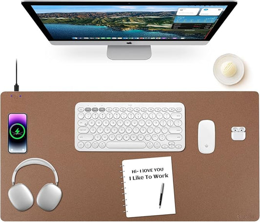 Wireless Charging Mouse Pad Firelison 2 in 1 Leather Multifunctional Office Desk Pad with Non-Slip Rubber Base, Waterproof Desk pad for Computers/Office/Work/Home/Decor（ 36" x 17"Buff - L）