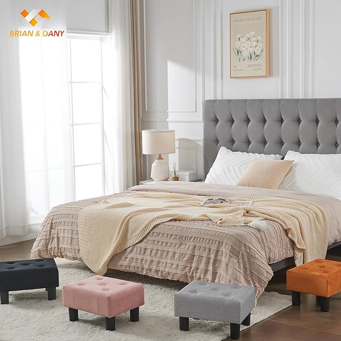 BRIAN & DANY Small Foot Stool, Linen Foot Stools with Legs, Stable Small Footstool for Living Room, Light Gray