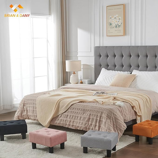 BRIAN & DANY Small Foot Stool, Linen Foot Stools with Legs, Stable Small Footstool for Living Room, Light Gray