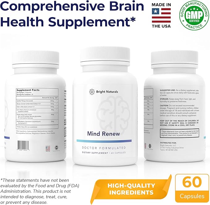 Mind Renew - Brain Supplement Supports Memory, Focus, and Cognition - with Lion's Mane and Ginkgo Biloba Extract - Made in The USA, 180 Capsules