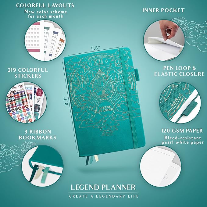 Legend Weekly Colorful Planner 2nd Edition – Undated Life & Work Agenda Journal for Time Management, Goal Setting, Productivity, Tasks & To Do Lists – A5 size, 5.8 ″ x 8.3″, Hardcover – Turquoise