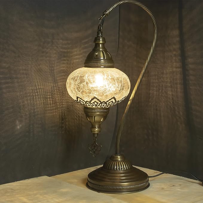 mozaist Turkish Moroccan Clear Glass Swan Neck Table Lamp, Authentic Vintage Bohemian Lamp Shade, Tiffany Style Gooseneck Office, Living Room Rustic Decor with E12 Socket & US Plug (Crack Clear)