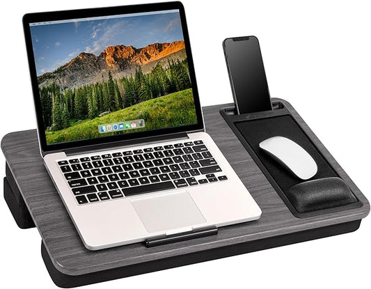 LAPGEAR Extra Large Adjustable Lap Desk with Gel Wrist Rest, Mouse Pad, Phone Holder, Device Ledge, and Booster Cushion - Gray Woodgrain - Fits up to 17.3 Inch Laptops - Style No. 88105