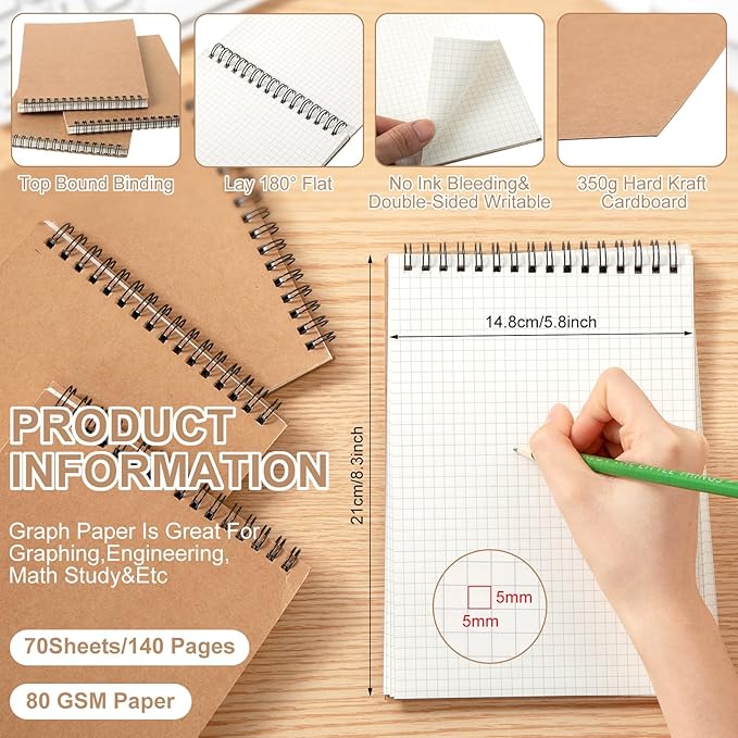 1 Pack Graph Paper Spiral Notepad A5 Top Wirebound Notepad Grid Notebook Steno Pads Memo Notebook Grid Paper 140 Pages for Writing Sketching Drawing Office Supplies (Kraft)
