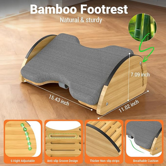 Bamboo Foot Rest for Under Desk at Work - 3-in-1 Reversible Rocking Desk Footrest with Foam Cushion Pad and 6 Adjustable Heights, Ergonomic Foot Rest with Washable Cover for Home, Office and Gaming