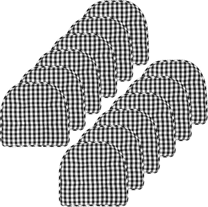 Sweet Home Collection Chair Cushion Memory Foam Pads Tufted Slip Non Skid Rubber Back U-Shaped 17" x 16" Seat Cover, 12 Pack, Checkered Black/White