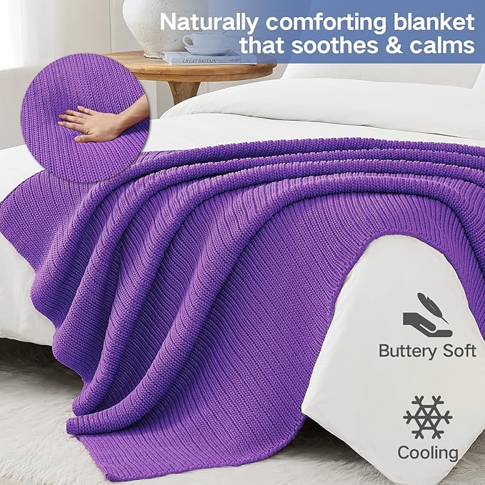 Guohaoi Knitted Weighted Blanket for Adults (Purple 48"x72" 10lbs) No Beads Cooling Throw Blanket for Hot Sleepers, Home Decor Breathable Chunky Knit Heavy Blanket Use on Full Size Bed