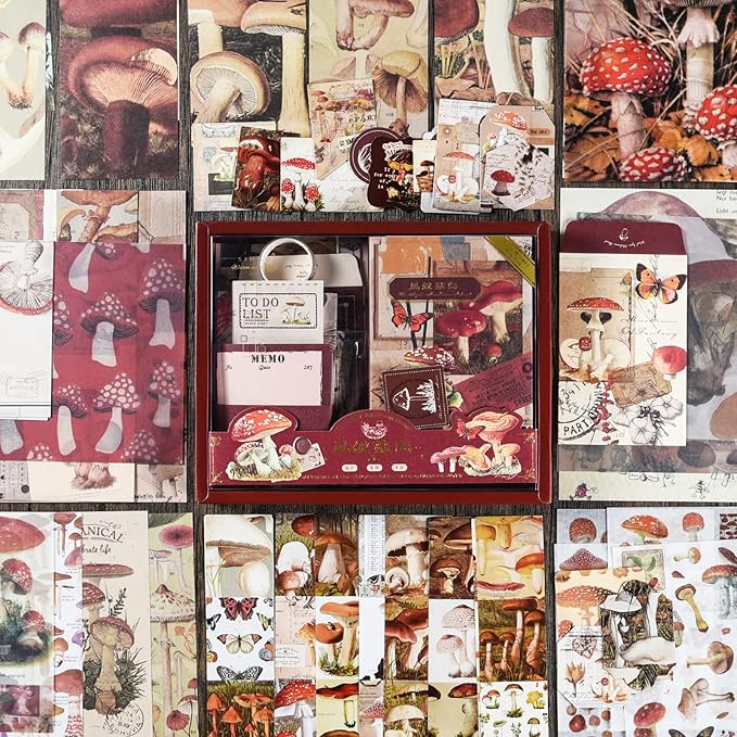 Scrapbooking Supplies Kit, Vintage Aesthetic Scrapbook Kit, Junk Journal Supplies with Scrapbooking Paper A6 Grid Notebook, Journaling Supplies, Birthday Craft Gift for Adult Teen Girl Kid, Mushroom