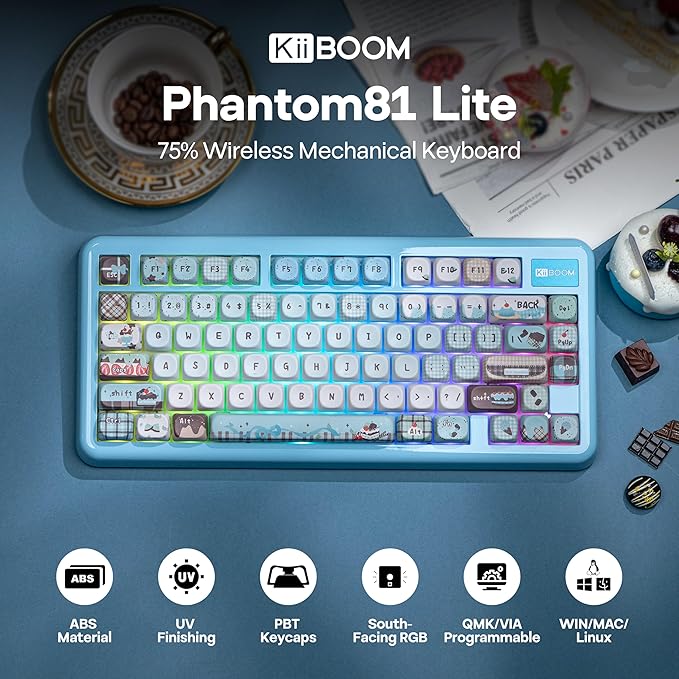 KiiBoom Phantom81 Lite 75% Gasket Mechanical Keyboard, QMK&VIA Programmable, 3 Modes Wireless Gaming Keyboard, RGB Backlights, ABS Case + UV Tech, Hot-Swappable for Windows/Mac/Linux (Blue)