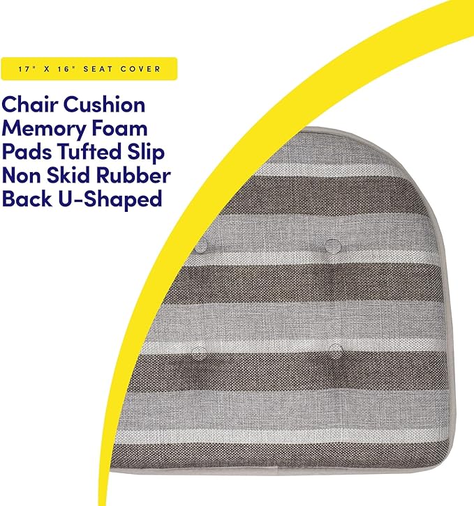 Sweet Home Collection Chair Cushion Memory Foam Pads Tufted Slip Non Skid Rubber Back U-Shaped 17" x 16" Seat Cover, 4 Count (Pack of 1), Bradford Silver/Brown