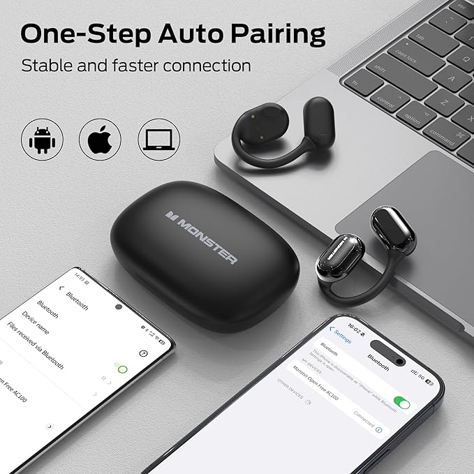Monster Open Free AC100 Open Ear Headphones, Bluetooth 5.3 Wireless Headphones, Immersive Stereo Sound by Dual Large Driver, Clear Talk, 30H Playtime, Waterproof Earbuds for Running, Black