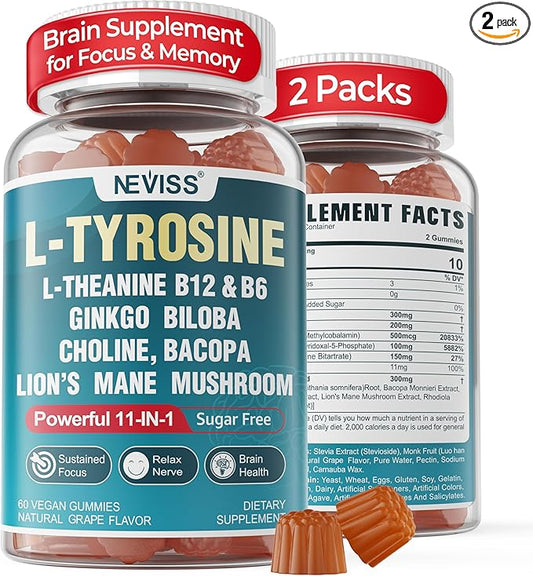 11-IN-1 Brain Supplement for Memory and Focus with L-Tyrosine L-Theanine, Methylated B12 & B6, Lion's Mane Mushroom, Ginkgo Biloba, Bacopa Monnieri, Choline for Focus, Nootropic, Energy, 2Packs