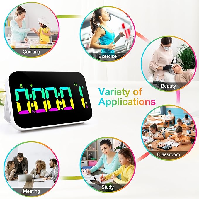 Digital Kitchen Timer, 10 RGB Color Rechargeable Magnetic Timer for Cooking with Countdown/Up, 5”LED Large Display with Sound Alert Function, Kids Timers for Classroom Gym Work Study Fitness Game