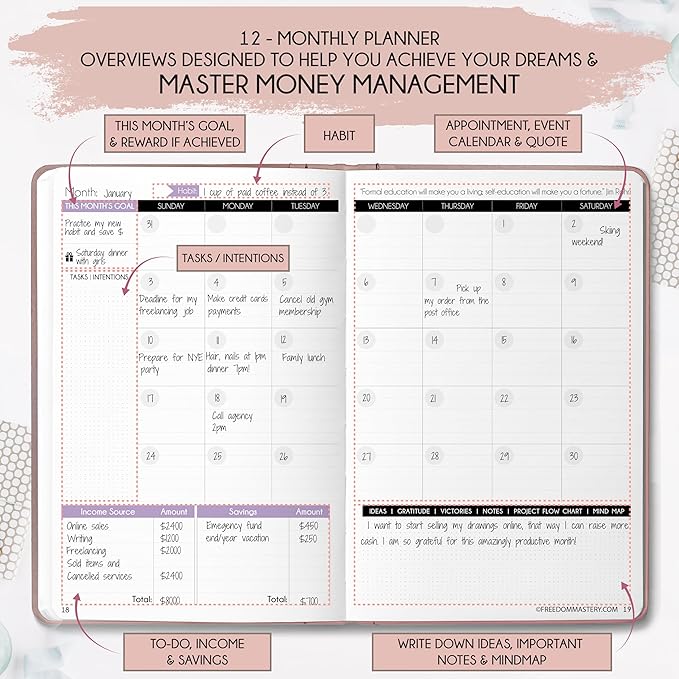 Financial Planner - Monthly Budget Planner with Cash Envelopes & Monthly Bill Organizer | A 12-Month Journey to Financial Freedom | Bill Payment Tracker Organizer, Debt, Expense Tracker & Money Saving