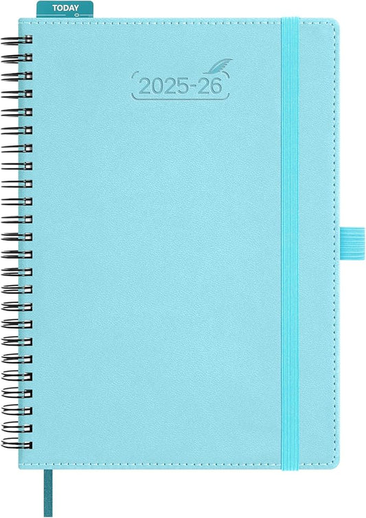 BEZEND Planner 2025-2026 Weekly and Monthly, 5.8" x 8.5" Academic Calendar (Jul 25-Dec 26) Vertical Daily Appointment with Hourly Timeslot & Monthly Tab, Spiral, PU Leather Softcover - Sky Blue