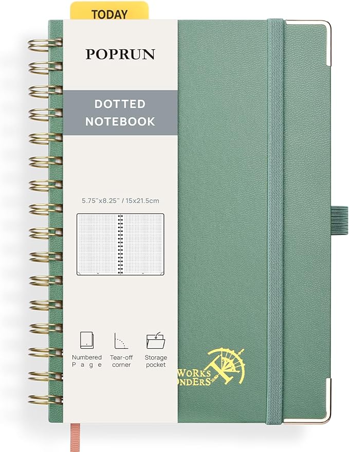 POPRUN Spiral Dotted Journal Notebook, [A5-5.75'' x 8.25''] - 120 GSM Thick Paper, 141 Numbered Pages, Hardcover for Men & Women with Pocket, Index Tabs, 8 Perforated Sheets, Midnight Green