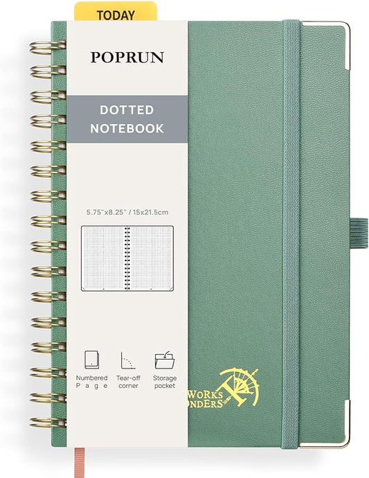 POPRUN Spiral Dotted Journal Notebook, [A5-5.75'' x 8.25''] - 120 GSM Thick Paper, 141 Numbered Pages, Hardcover for Men & Women with Pocket, Index Tabs, 8 Perforated Sheets, Midnight Green