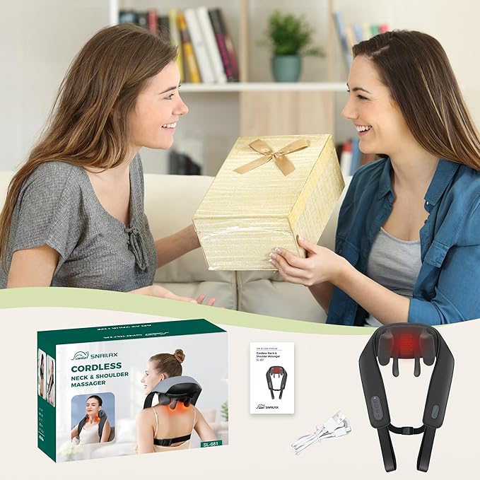 Snailax Cordless Neck Massager with Heat, 4D Kneading Neck and Shoulder Massager Deep Tissue, Shiatsu Back Massager Pillow, 2 Heating Levels,Gifts for Mom Dad