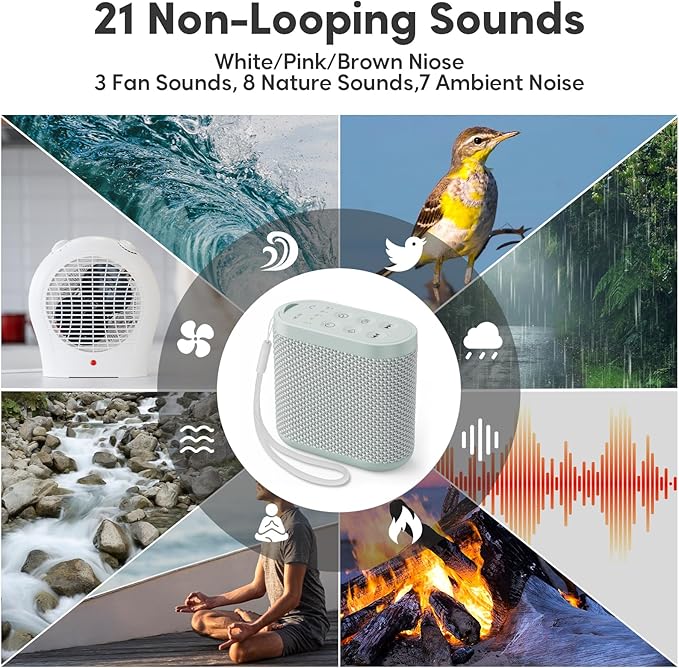 Portable White Noise Machine for Sleeping, Travel & Hotel - 52-Hour Lasting Mini Noise Machine with 21 Quality Non-looping Sounds, Headphone Jack, Memory, Timer for Adults (Green)