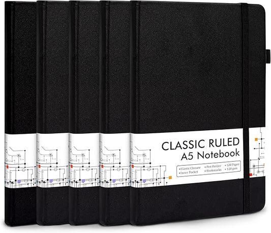 5 Pack Journal Notebook Bulk for School, Feela Hardcover Business Notebooks Classic Ruled Lined Journals with Pen Holder for Work Note Taking, with 5 Black Pens, 120 GSM, 5.1”x8.3”, A5, Black