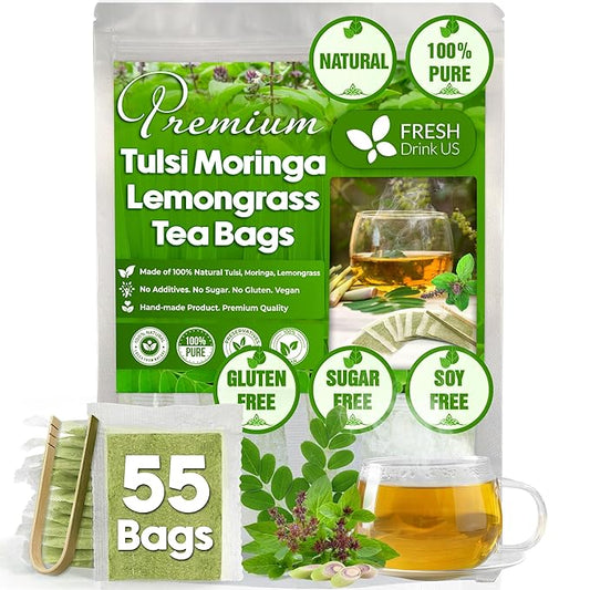 FreshDrinkUS, Premium 55 Tea Bags Tulsi Moringa Lemongrass, 100% Natural & Pure from Tulsi Holy Basil Leaves, Moringa & Lemongrass. Made with Natural Material Tea Bags. No Sugar, No Caffeine, Vegan.