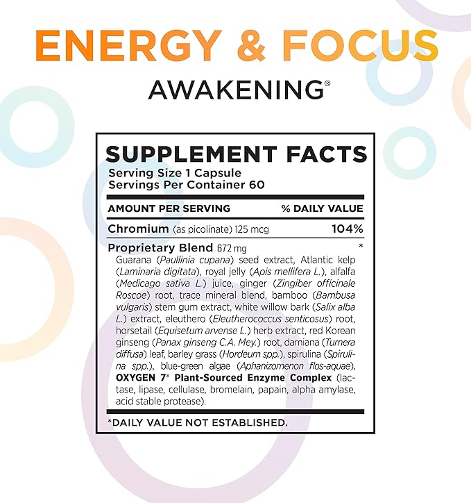 Awakening Natural Energy & Focus Nootropic Supplement with Panax Ginseng, Guarana Extract & Chromium Picolinate | Brain Supplement for Focus, Energy, Mood & Clarity | Gluten Free Veggie, USA - 60 Caps