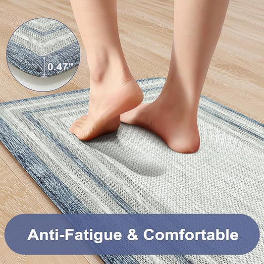 KIMODE Anti Fatigue Kitchen Mat 2PCS,Non-Skid Waterproof Kitchen Rugs,Farmhouse Kitchen Mat for Floor,Cushioned Comfort Foam Standing Mat for Floor,Office,Sink,Desk,Laundry,Blue and Gray