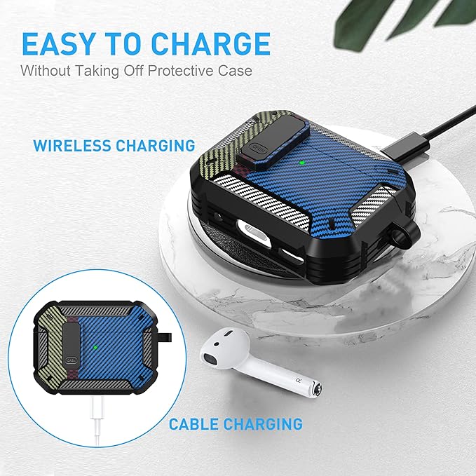 Maxjoy AirPods Pro 2nd/1st Generation Case Cover with Lock, AirPods Pro 2 Protective Case with Keychain Compatible with Apple AirPod Pro2 2023 USB C 2022 Lightning Cable/ Pro1 2019, Carbon Fiber Blue
