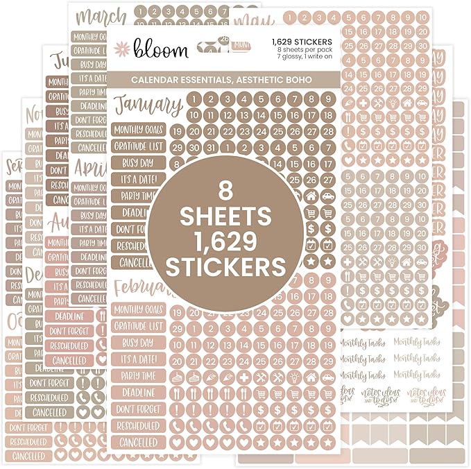 bloom daily planners Muted Neutrals Calendar Essentials Planner Stickers - 8 Sheets, 1629 Stickers Per Pack! - Color Coordinating Monthly Headings, Dates, Icons, Etc. - Aesthetic Boho