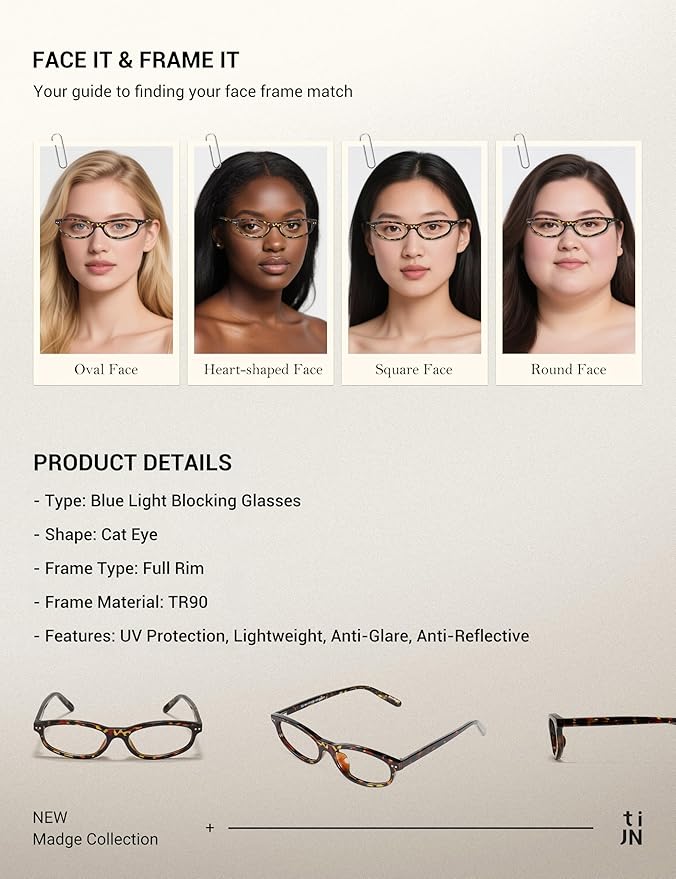 TIJN Olisa Blue Light Blocking Glasses for Women Men,Oval Glasses Frame Bluelight Glasses for Gaming/Computer/Screen